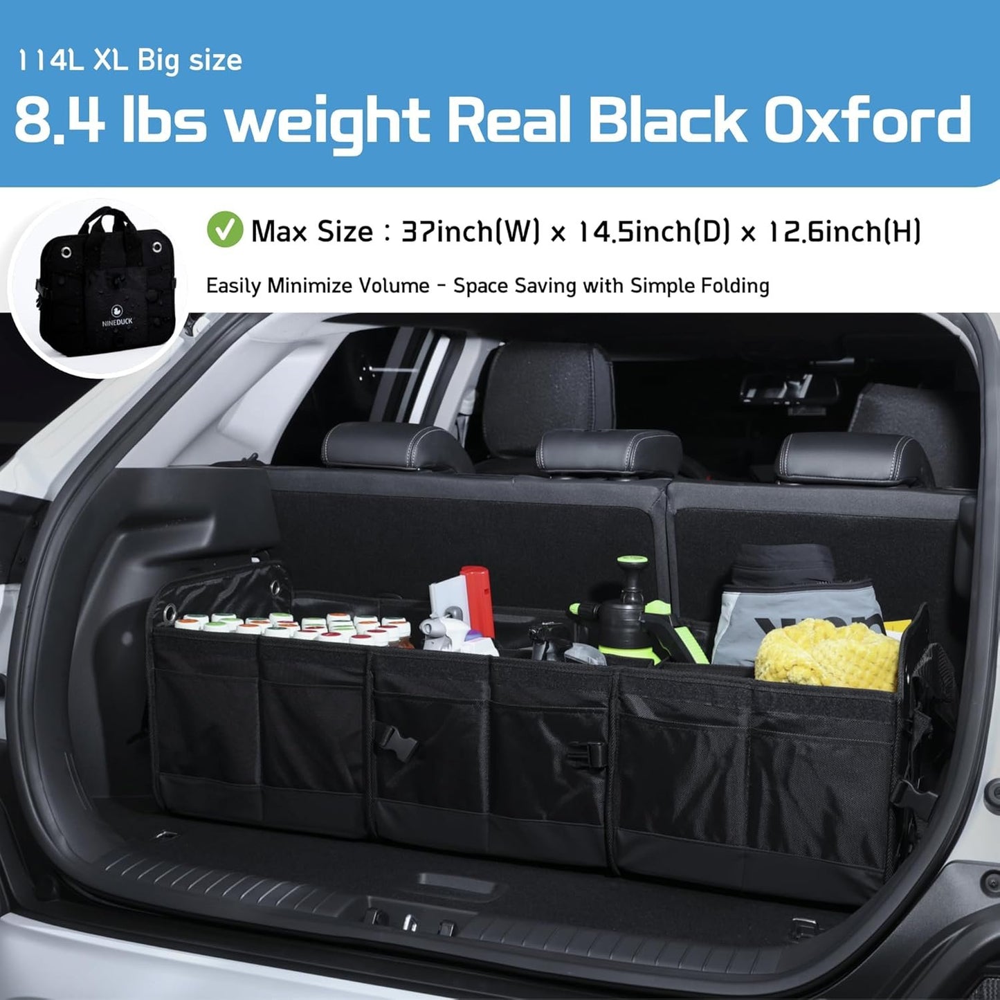 NINEDUCK Car Trunk Organizer with Lid - Black Premium Oxford and Cargo Storage Adjustable for Auto, Sedan, SUV, Van, Truck (ExtraLarge, Collapsible), Straps
