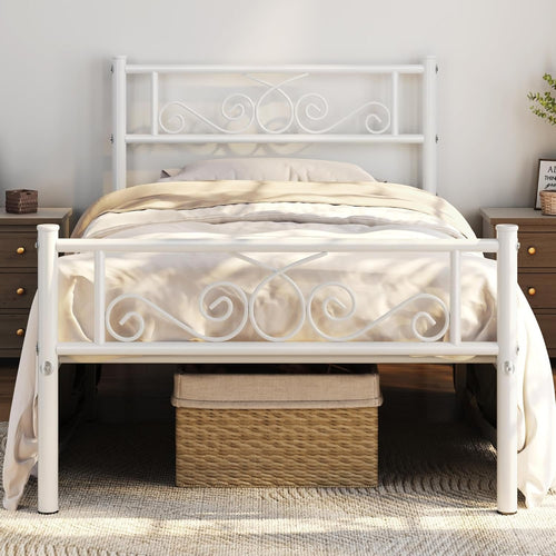 Yaheetech Classic Metal Platform Bed Frame with Headboard and Footboard Flower Design Mattress Foundation for Adults Easy Set Up Structure Twin Size White