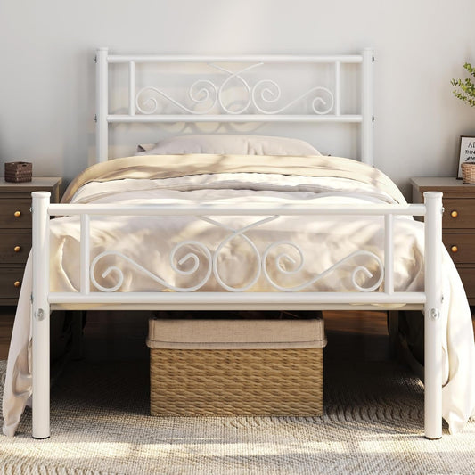 Yaheetech Classic Metal Platform Bed Frame with Headboard and Footboard Flower Design Mattress Foundation for Adults Easy Set Up Structure Twin Size White