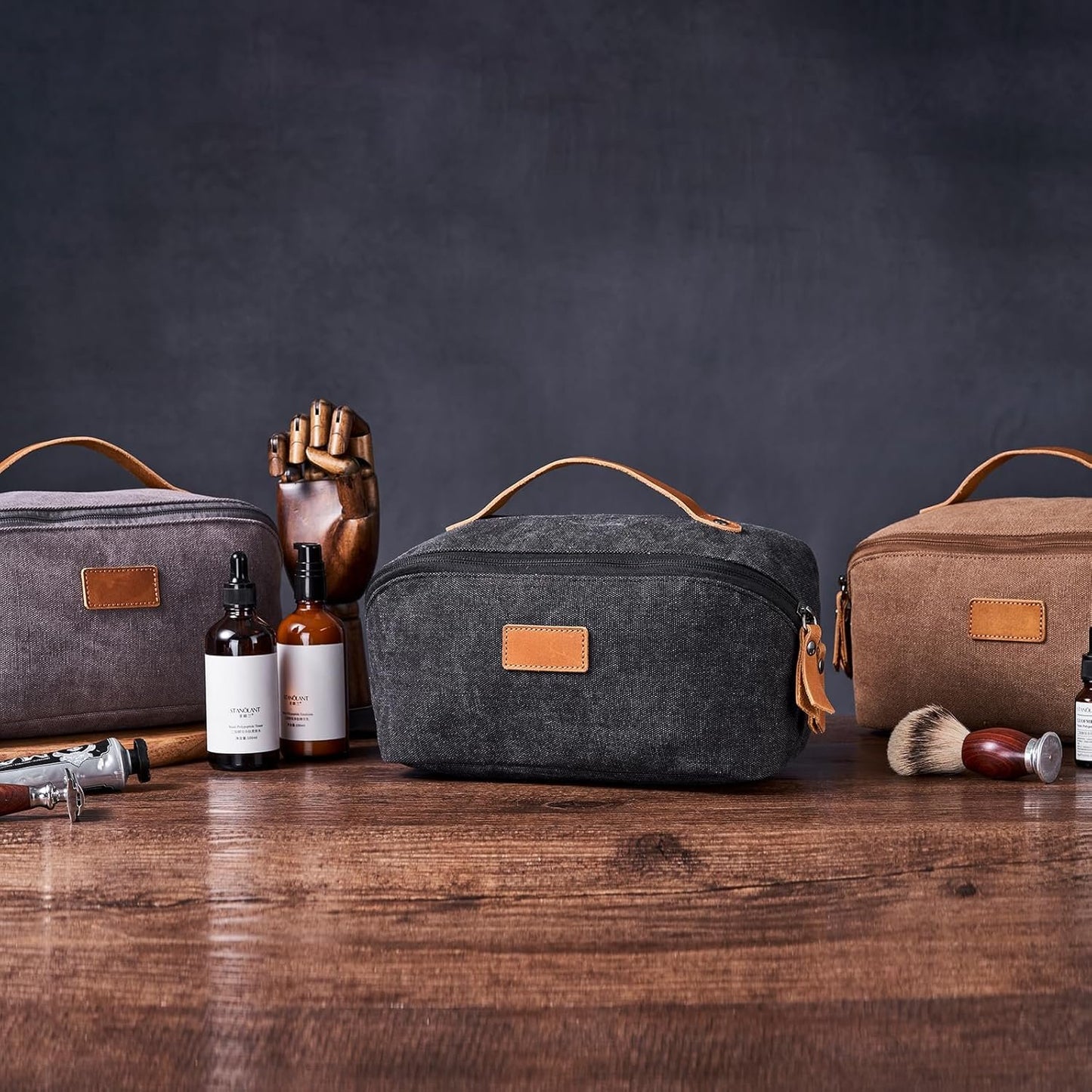 PAHVRION Canvas Toiletry Bag for Women with Genuine Leather Handle,Travel Dopp Kit,Shaving Kit Bag for Men,Water Resistant Hygiene Dopp Kit, Coffee, Non-customized