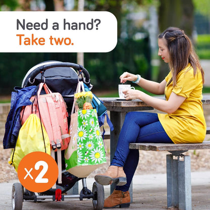 Baby Uma Stroller Hooks for Hanging Bags (2-Pack) - Universal Stroller Caddy Clips, Carry 5 kg per Mommy Clip, Carabiner Large, Baby Travel Essentials, New Mom Essentials, Wheelchair Accessories