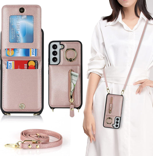 Cavor Vertical Flip Cover for Samsung Galaxy S22 Leather Case 6.1'' Crossbody Wallet Card Slots with 360°Rotation Ring Holder Kickstand & Long Shoulder Lanyard Strap-Rose