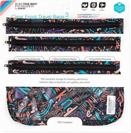 Bumkins Travel Bag, Toiletry, TSA Approved Pouch, Zip Bag, Quart Size Airline Compliant, Clear-Sided, Baby, Diaper Bag Organization, Accessories, Packing, Set of 3 Sizes, Born This Way Kindness
