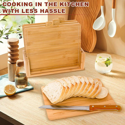 4 Pieces Bamboo Chopping Board with Stand, Thick Cutting Boards Set with Juice Groove, Serving Tray, Cheese Board Mats and Holder, for Cutting Meat, Fruits, Vegetables, Kitchen Tools Gadgets