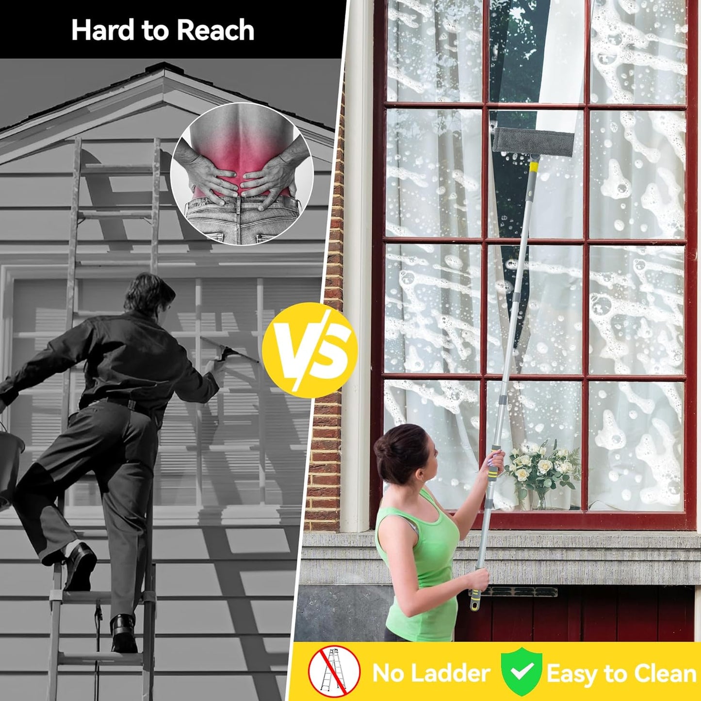 JEHONN Window Cleaning Equipment, 163 cm Long Handle Professional Shower Glass Washing Brush Extendable, 3 in 1 Wall Cleaner Duster for Home Indoor Outdoor Mirror Car Windshield