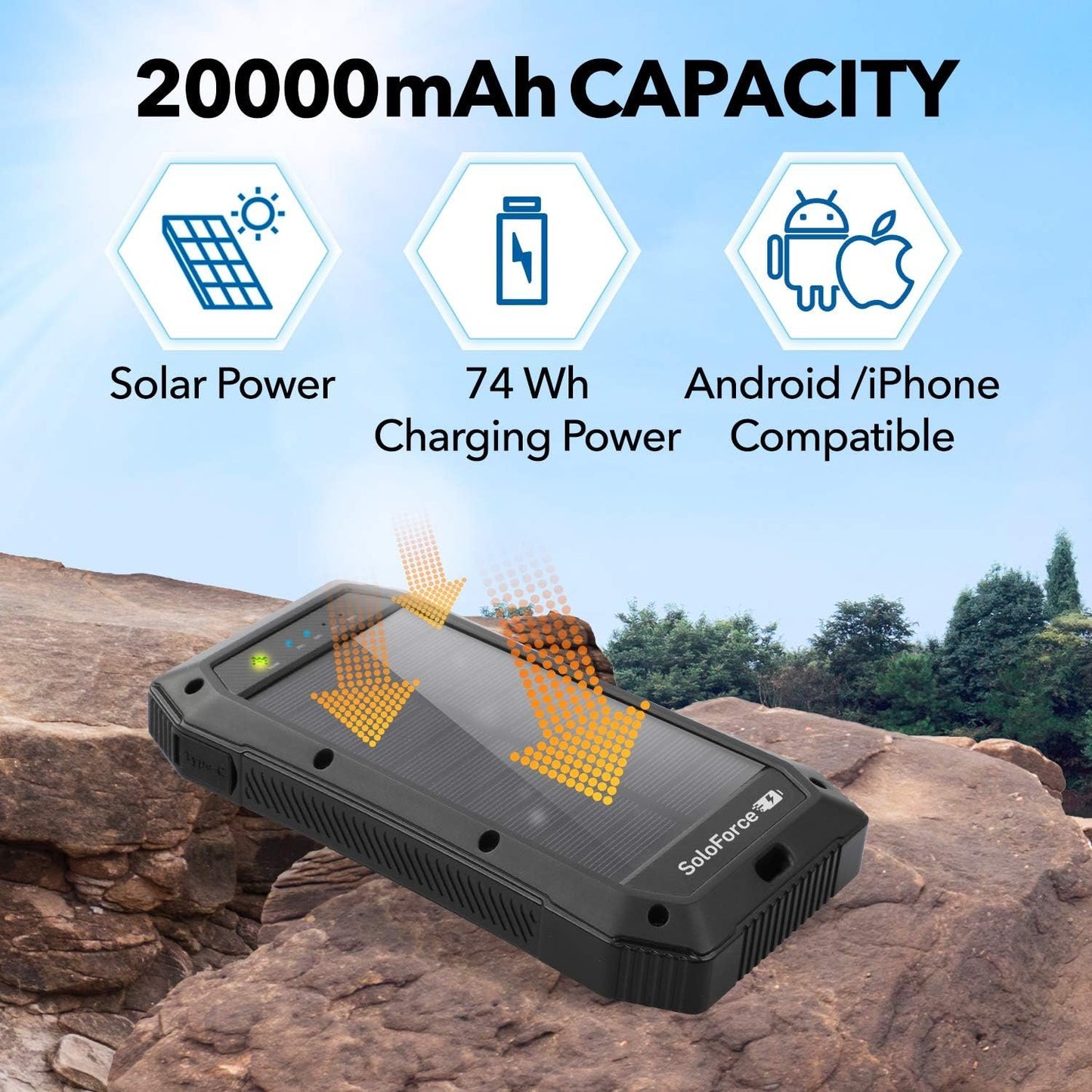 SoloForce Solar Power Bank - Solar Charger and Portable Battery with Portable Charger | QI Wireless Charger and Solar Charger for Cell Phone | 20000mAh Li-Po Solar Battery Charger