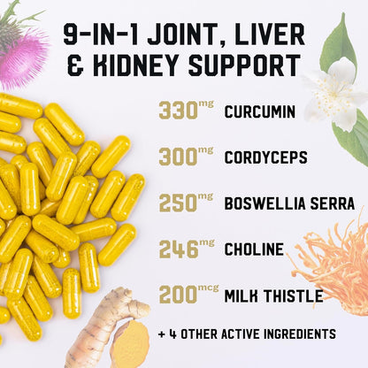 IRON KINGDOM JLK Joint Liver Kidney Premium Health Complex Milk Thistle, Choline Boswellia, Cordyceps & Turmeric Supplement for Women & Men - 120 Capsules