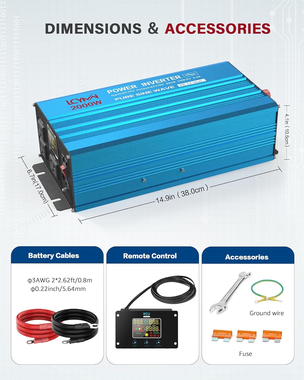 LCYMW 2000 Watt Inverter Pure Sine Wave DC 12V to 110V AC Power Inverters with 3 AC Charger Outlets, Car Inverter Solar Power Inverters for Vehicles Home with LCD Display and 2.4A USB Charging Ports