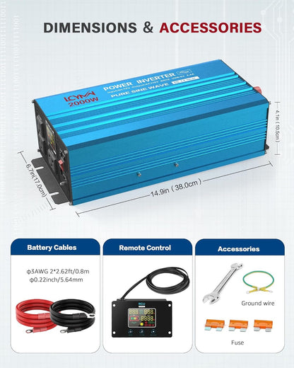 LCYMW 2000 Watt Inverter Pure Sine Wave DC 12V to 110V AC Power Inverters with 3 AC Charger Outlets, Car Inverter Solar Power Inverters for Vehicles Home with LCD Display and 2.4A USB Charging Ports