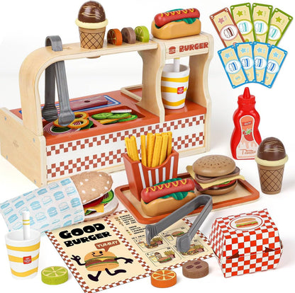 Lehoo Castle Play Food, Pretend Play Toys, 3 Year Old Girl Gifts, Wooden Play Kitchen for Kids Includes Hamburger Shop, Sandwiches, Hot Dogs, Menu Role Play Toys