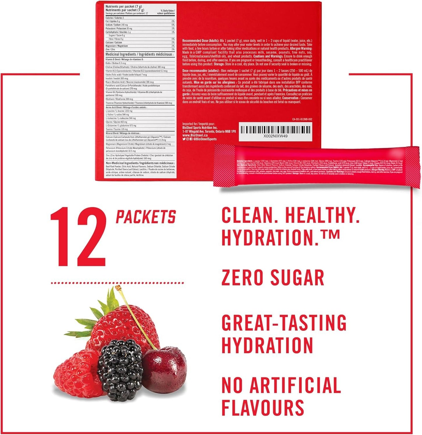 BioSteel Hydration Mix, Proudly Canadian - Great Tasting Hydration with Zero Sugar, and No Artificial Flavours or Preservatives, Mixed Berry Flavour, 12 Single Serving Packets