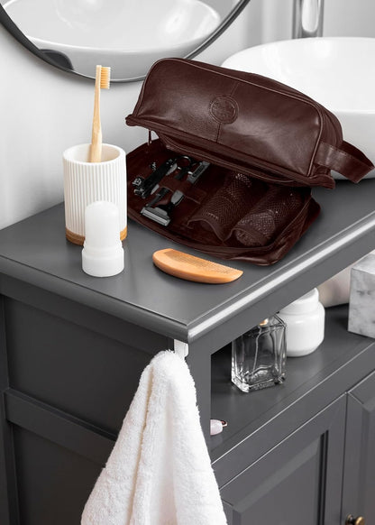 Mens Toiletry Bag Shaving Dopp Case For Travel by Bayfield Bags (Brown) Men's Shower Bag For Bathroom Hygiene (11x6x5). Holds Beard Trim Kit Accessories and Body Shavers.