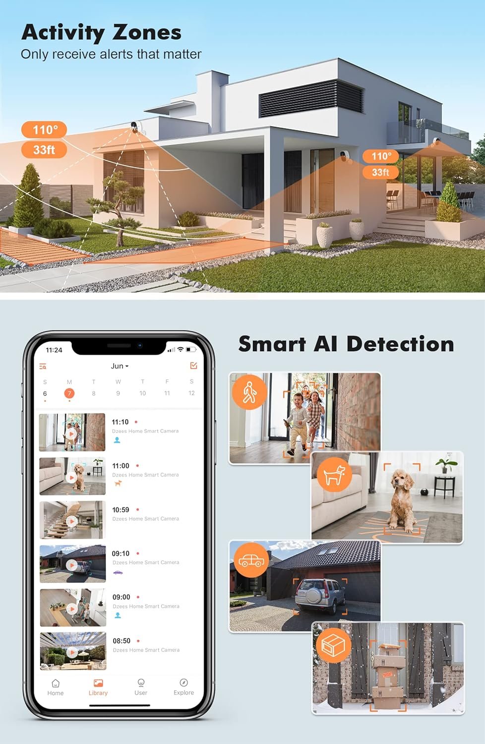 Dzees Outdoor Camera Wireless, Battery Powered WiFi Surveillance Camera for Home Security System with Siren Alarm & Spotlight, Motion Detection, Color Night Vision, IP65 Waterproof Cloud/SD-2-Pack