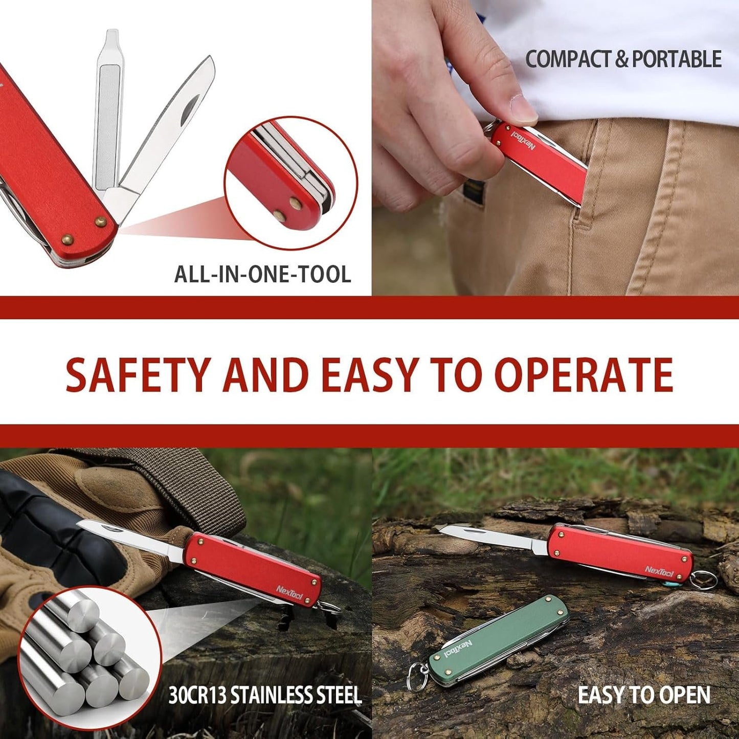 NexTool Keychain Knife, 5 in 1 Mini Multitool Key Chians, Small Pocket Knife with Key Ring, Scissors, Screwdrivers and Nail File, Cool Gadget Gifts for Men Women Dad Boyfriend Everyday Carry (Red)