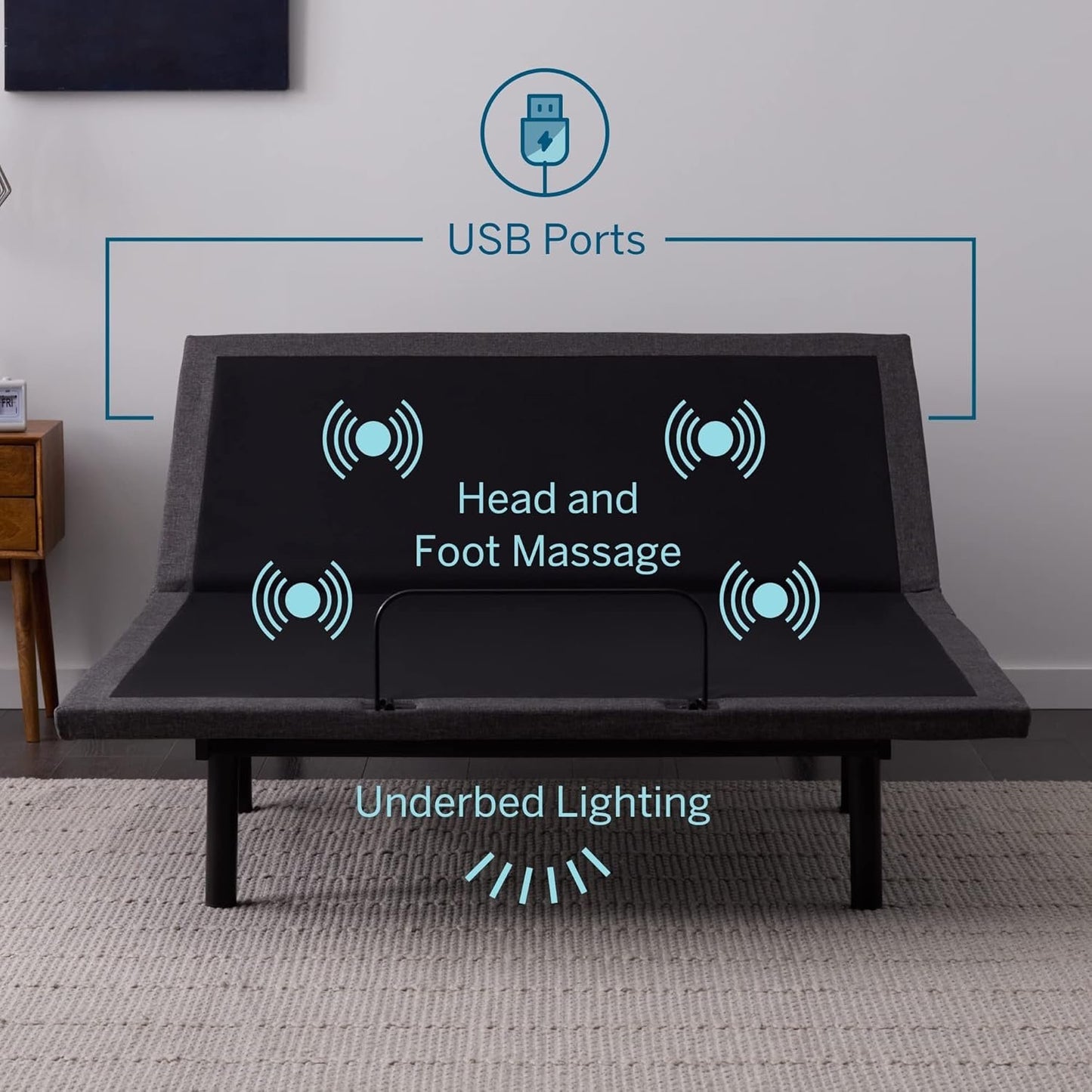 LUCID L600 Adjustable Bed Base Frame - Bluetooth Compatible with Companion App - Head and Foot Incline - Massage - Under Bed Lighting - Dual USB Charging Stations - Upholstered - Ergonomic, Queen