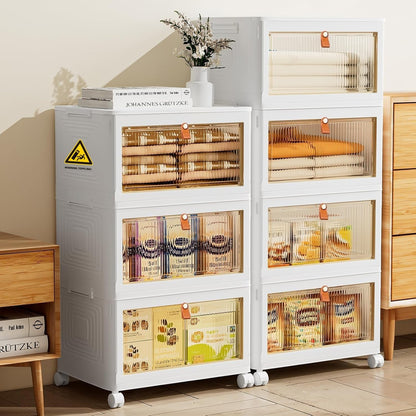 Stackable Storage Bins with Lids, Collapsible Closet Organizers and Storage Bin with Wheels, Foldable Organization Bins for Cabinet, Plastic Containers for Home (White-5 Tier)