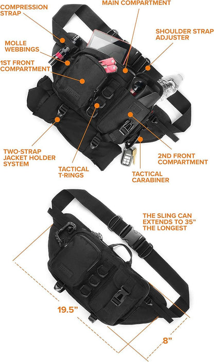 Fitdom Tactical Inspired Large Fanny Pack For Men. Perfect Techwear Accessories EDC Bag For Men. Multi-Functional Waist Pack, Jet Black, Medium, Medium 3 Pockets