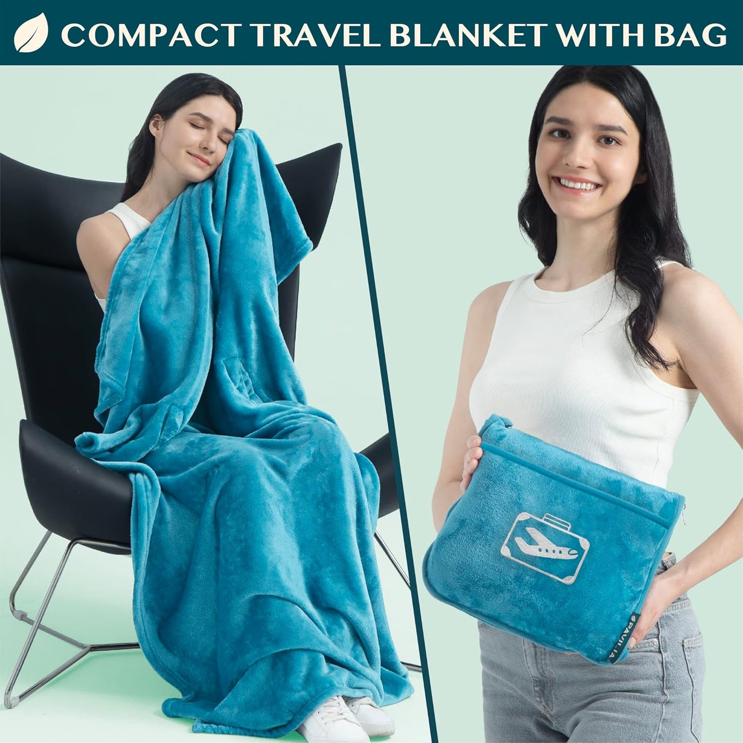 PAVILIA Travel Blanket Pillow in Soft Bag with Pockets, Airplane Blanket Set, Plane Blanket Compact Packable, Flight Essentials Car Pillow, Travelers Accessories Gifts, Luggage Strap, Turquoise