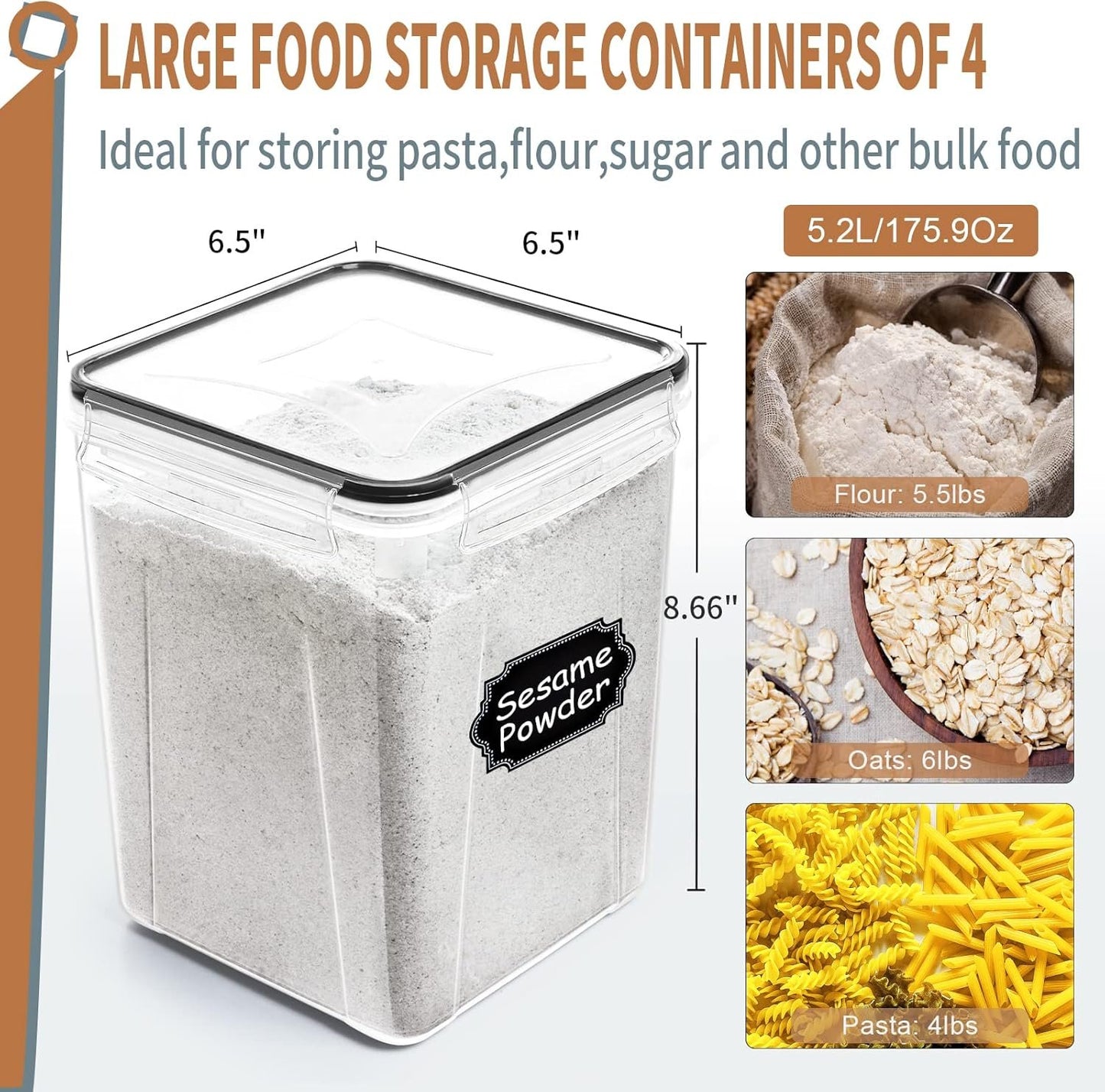 Large Tall Airtight Food Storage Containers with Lids, 4 PCS 5.2L, Kitchen Pantry organizers and storage, PRAKI Kitchen Storage Containers Set for Cereal, Flour & Baking Supplies with Labels & Marker