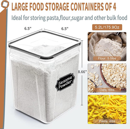 Large Tall Airtight Food Storage Containers with Lids, 4 PCS 5.2L, Kitchen Pantry organizers and storage, PRAKI Kitchen Storage Containers Set for Cereal, Flour & Baking Supplies with Labels & Marker