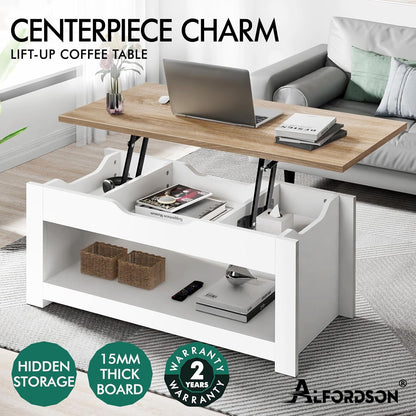 ALFORDSON Multifunctional Lift-Top Coffee Center Table Wood White Color, Dining Table for Living Room, Office, Reception & Dining, Featuring Rising Tabletop Surface, Hidden Compartment & Open Shelf