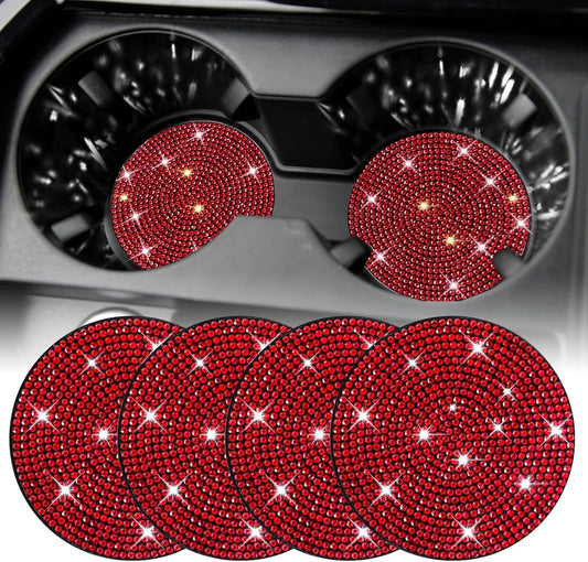 Bling Cup Holder Coasters for Car, 4PCS Universal Non-Slip Cup Holder, Embedded Decorative Coasters, Shiny Crystal Car Interior Accessories Gifts for Women (Red)