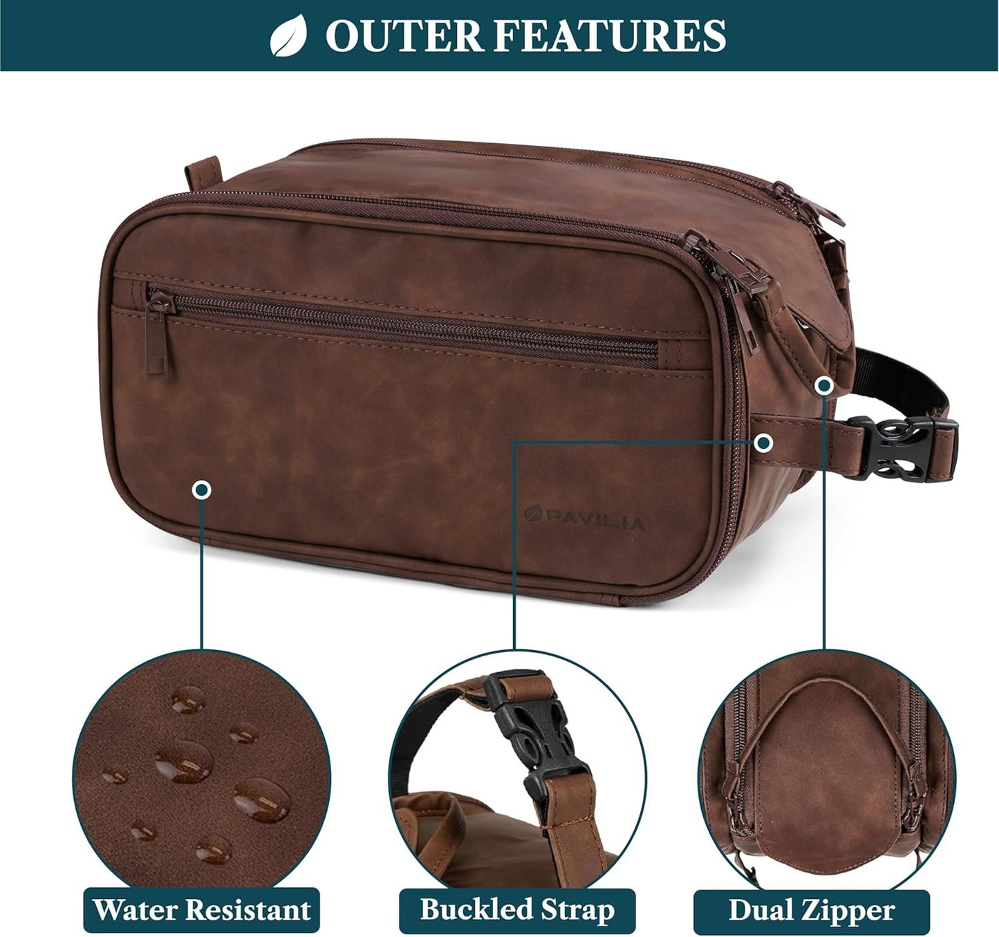 PAVILIA Toiletry Bag for Men Women, Mens Travel Bag Toiletries Organizer Case for Grooming, Travel Essentials Shaving Dopp Kit, PU Leather Water Resistant Cosmetic Pouch, Black, Dark Brown, Extra