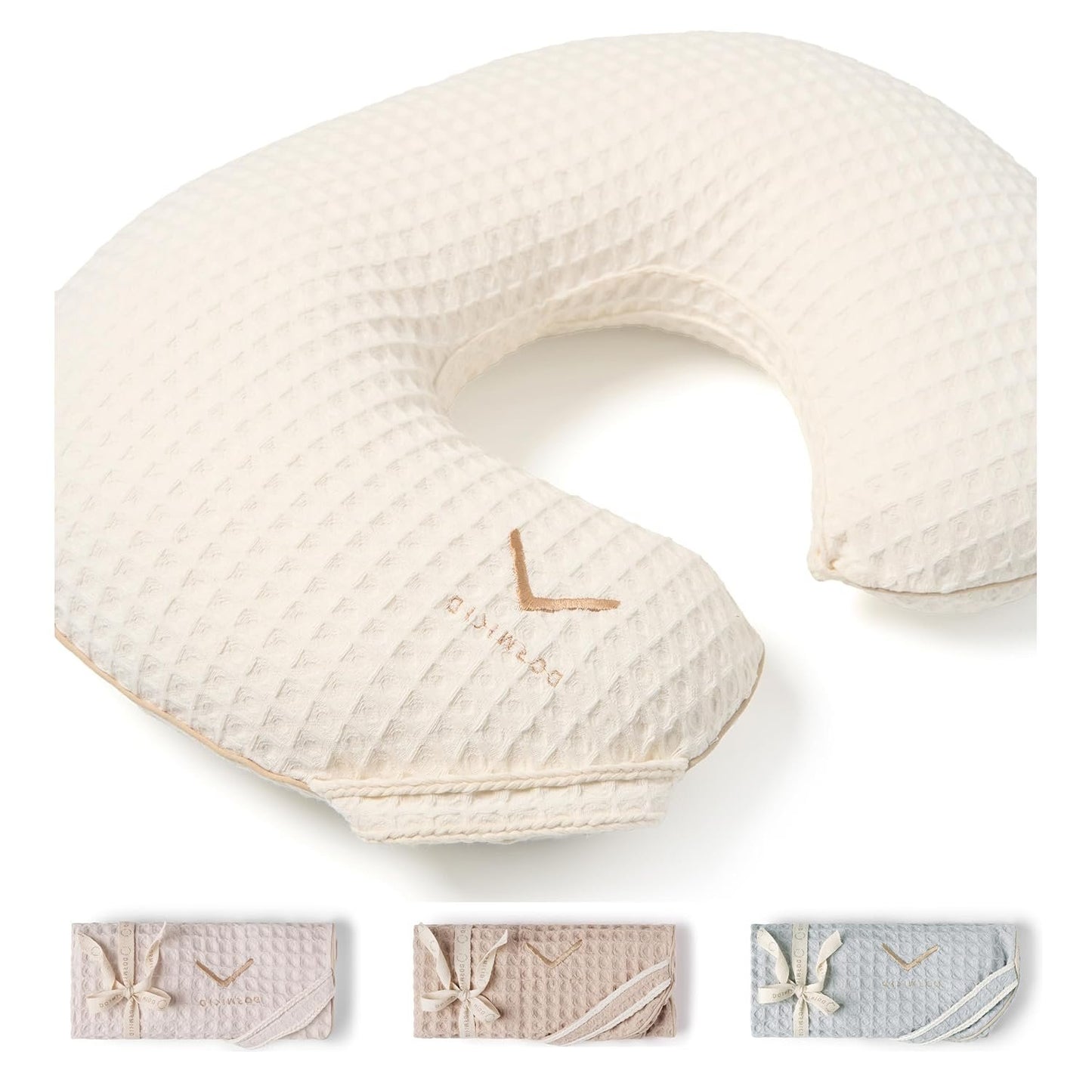 Organic Nursing Pillow with Cover • Premium Quality 100% Cotton Oeko-Tex Standard • Moon Pillow for Breastfeeding and Bottle Feeding • Soft and Breathable • (Ivory waffle)