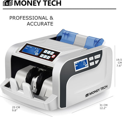 Money Tech Professional Polymer & Paper Multi-Currency Bill Cash Counter. Canadian Plastic & USD Banknote Counting Machine with Counterfeit Detection and LCD Screens.