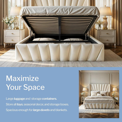 Aykah Fez Velvet Upholstered Queen Size Bed Frame with Storage, Modern Wingback Design Bed, Metal King Bed Frame with High Headboard, Wood Slat Support, Modern Design (Beige, Queen Bed)
