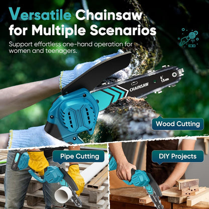 Mini Chainsaw Cordless 6 Inch, Battery Powered Chainsaw with LED Light, Safety Lock, Copper Motor, 21V Rechargeable Battery, Tool-Free Installation for Tree Trimming & Wood Cutting