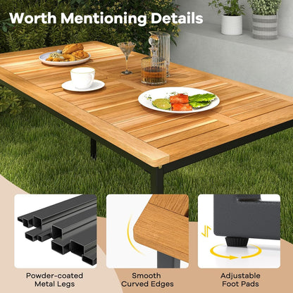 Tangkula 3 Pieces Outdoor Dining Set for 6 People, 55 inch Rectangle Patio Table & 2 Benches with Acacia Wood Tabletop, Metal Frame & Umbrella Hole, Dining Furniture for Yard, Garden, Poolside