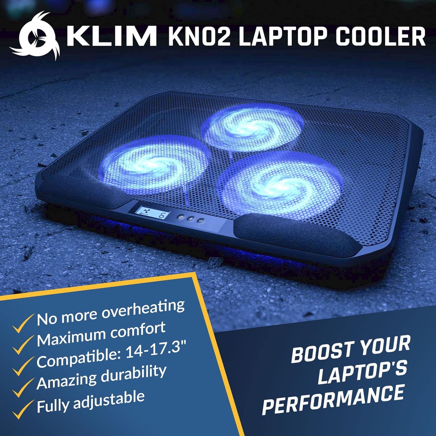 KLIM KN02 Laptop Cooling Pad for 11-17.3 inch laptops - Comfy Cushioned Wristrests - Powerful Laptop Cooling Fan 1500 RPM - Silent Laptop Cooler with Metal Mesh and 5-Year Assurance - New