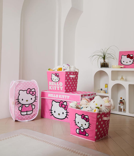 Idea Nuova Hello Kitty 4 Piece Storage Solution Set with Pop Up Hamper, Collapsible Storage Trunk and 2 Nestable Storage Bins