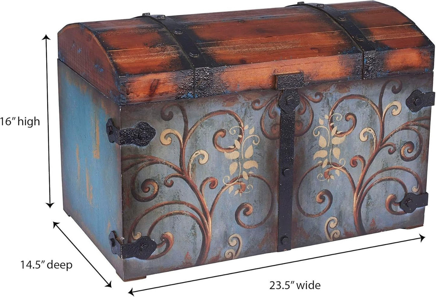 Household Essentials Vintage Wood Storage Trunk, Large, Blue Body/Brown Lid/Floral Design