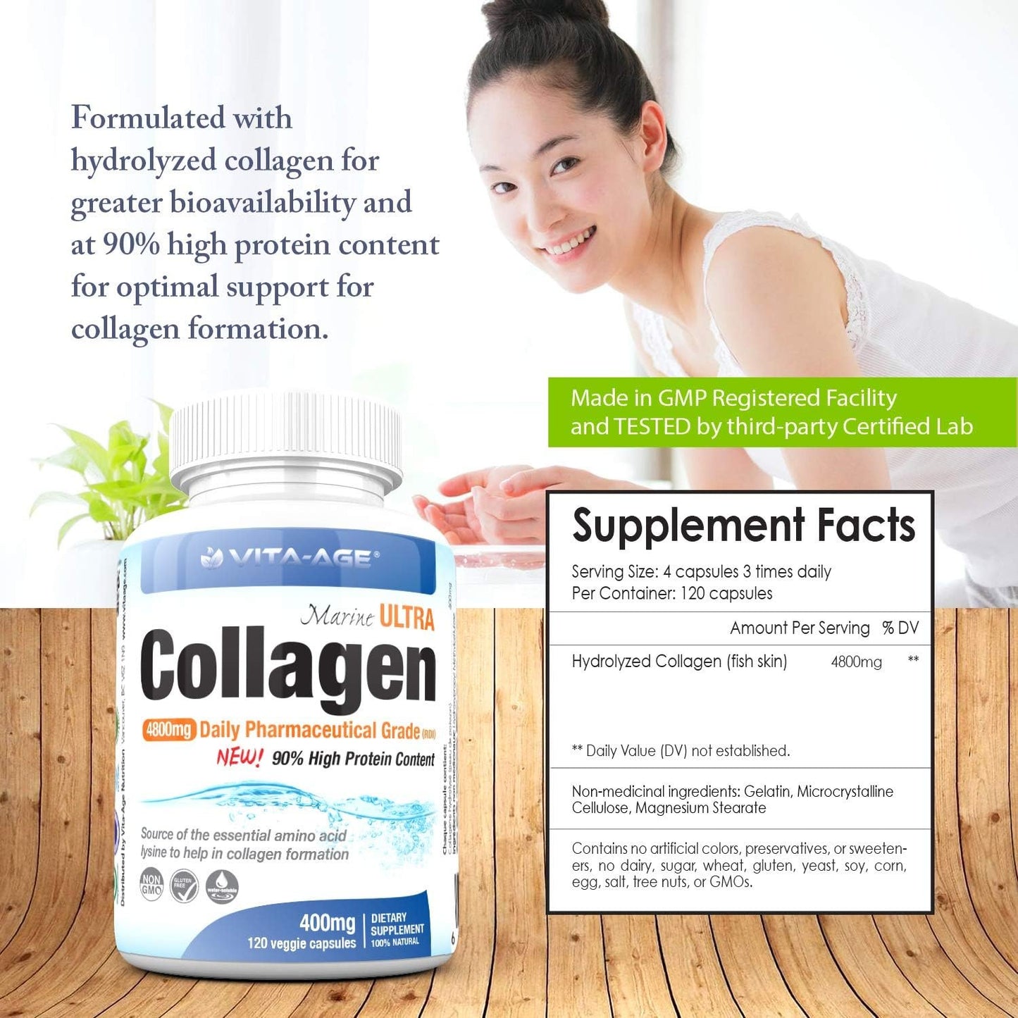 Vita-Nuage | Canada Brand | (2 PACK) Premium Marine Wild Fish Collagen 6000mg 90% High Protein Content 120 Count, 100% Pure Hydrolyzed Collagen