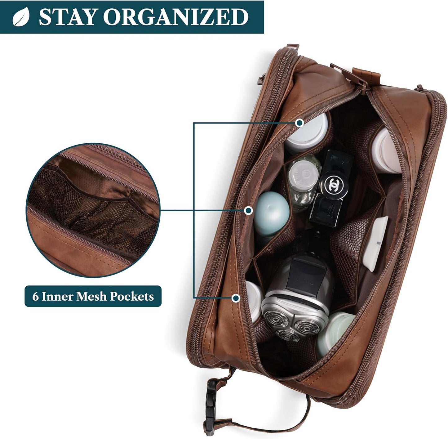 PAVILIA Toiletry Bag for Men, Travel Toiletries Bag | Water-resistant Dopp Kit, PU Leather Shaving Pouch Organizer for Accessories, Cosmetic, Hygiene, Grooming Essentials (Brown)
