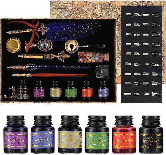 Joyeee Quill Writing Pen Ink Stationery Set, Classic Antique Pens Set with 18 Nibs, Idea for Beginners Artists Drawing, Arts Crafts Signatures, Decoration, Women Gift Selection Calligraphy Kits #87