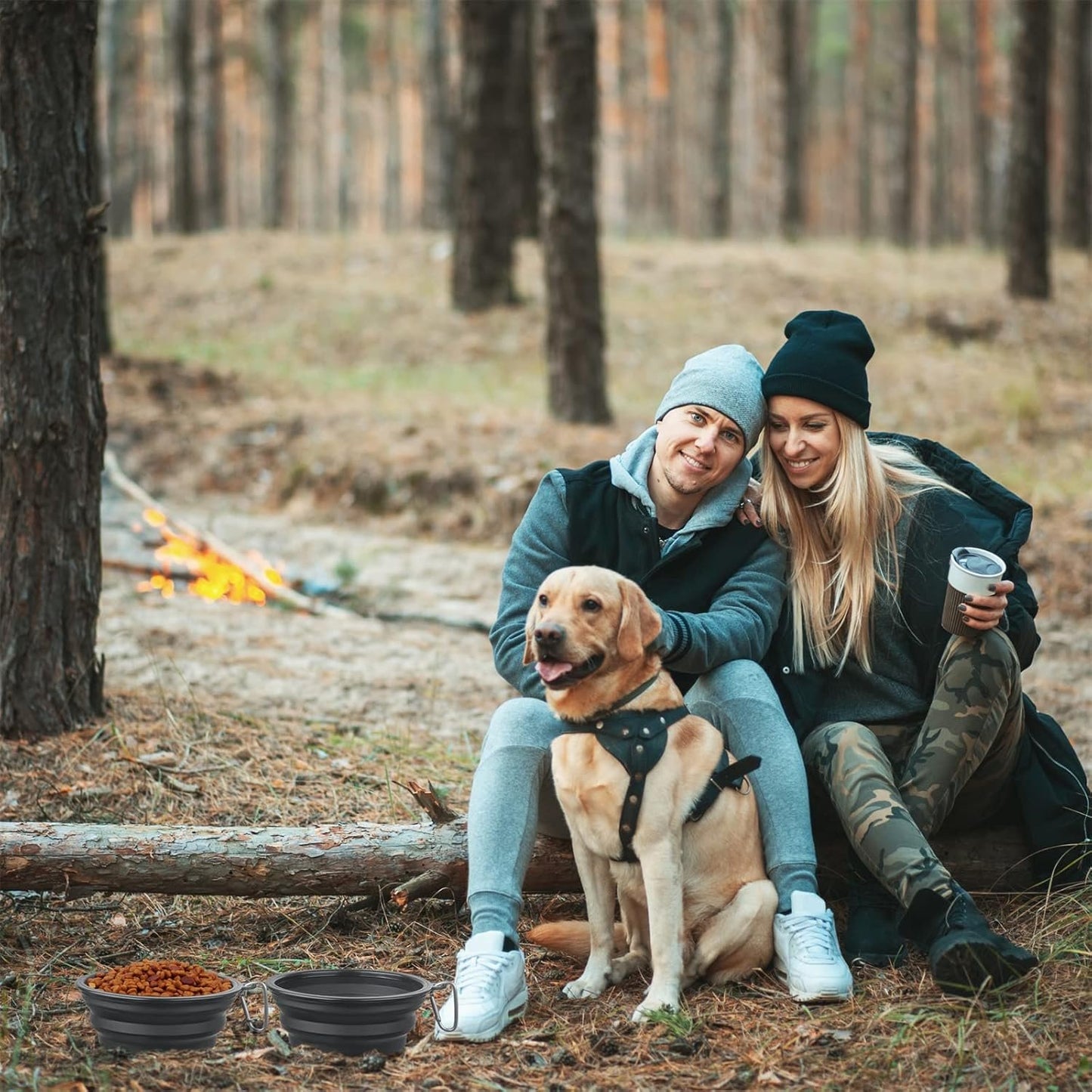 SLSON Collapsible Dog Bowl, 2 Pack Collapsible Dog Water Bowls for Cats Dogs, Portable Pet Feeding Watering Dish for Walking Parking Traveling with 2 Carabiners (Large, Black+Black)