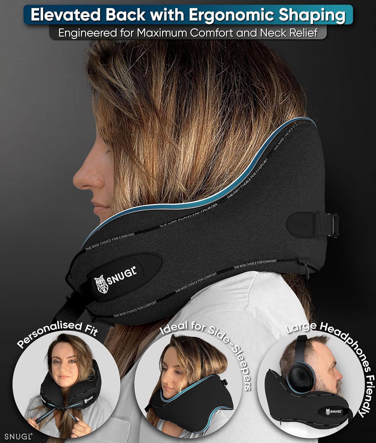 SNUGL Travel Pillow - Memory Foam Neck Cushion - Flight Pillow | Support Neck Pillow for Travel | Travel Neck Pillow for Airplane with Carry Bag & Clip | Flying Travel Essentials (Black - Small)