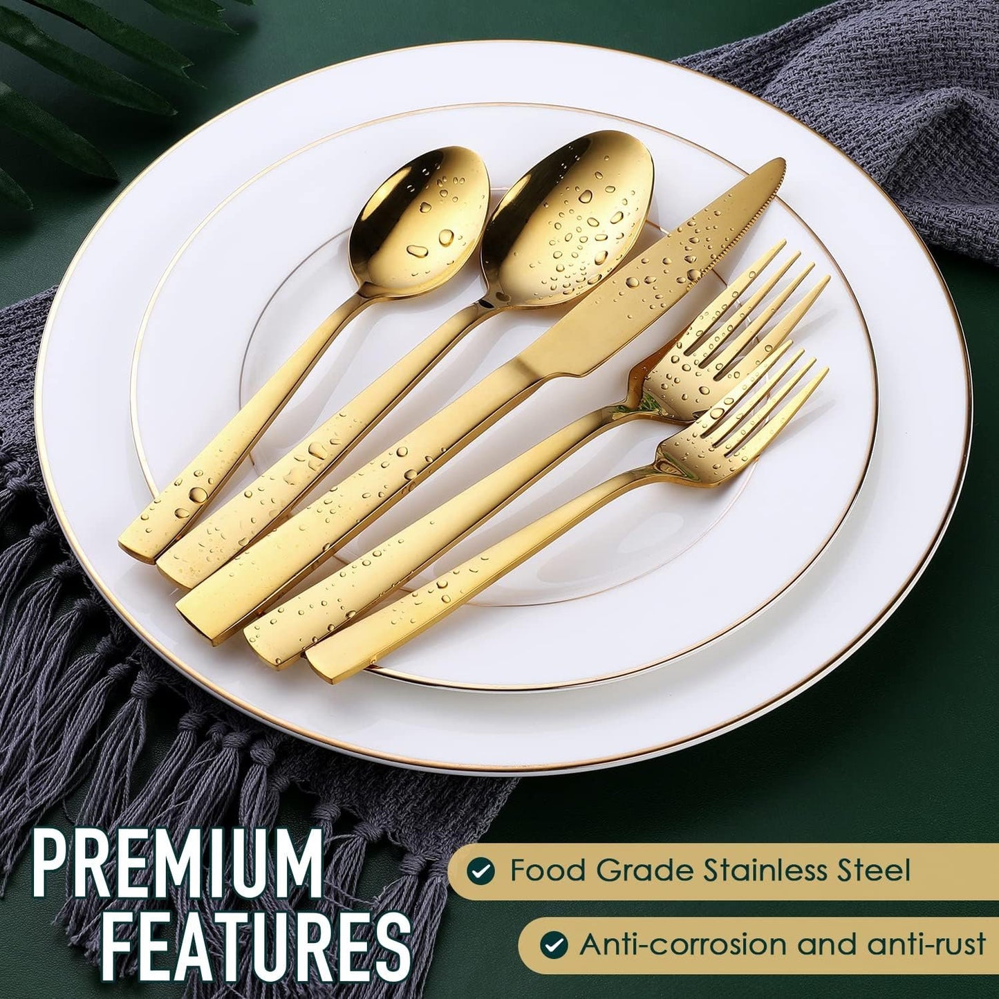 Gold Silverware Set, OGORI 30-Piece Stainless Steel Gold Flatware Set with Square Handle, Mirror Polished Cutlery Utensils Set Include Knife/Fork/Spoon Service for 6, Dishwasher Safe