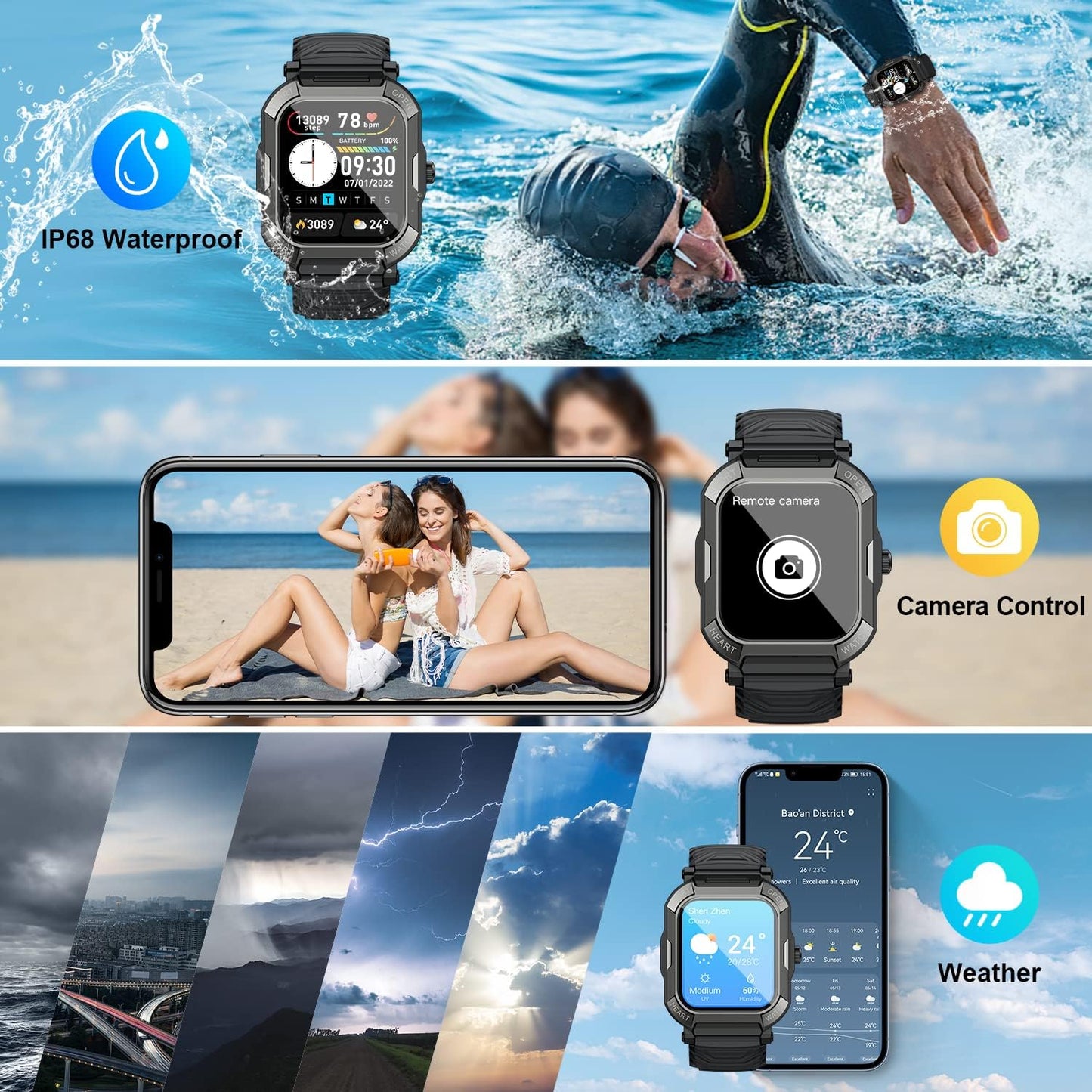 Waterproof Men's Fitness Watch Smartwatch: Bluetooth Calling and Hands-Free Response Military Smart Watch Tracker Heart Rate Monitor Pedometer Blood Pressure Calorie Sports for Android iOS