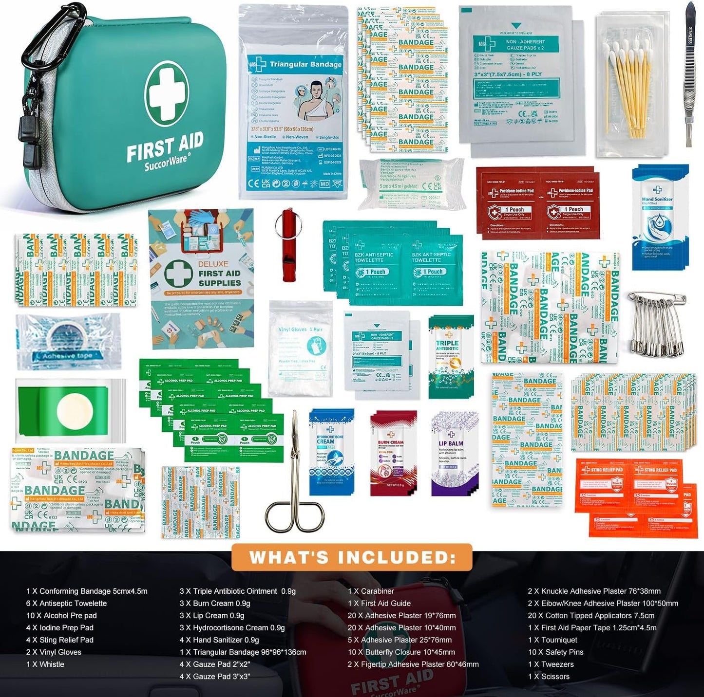 SuccorWare 150 Pieces Mini First Aid Kit - Small Medical Kit with Hard Shell - Emergency First Aid Kit for Car, Travel, Home, Outdoor, Office, Camping, Hiking (Green)