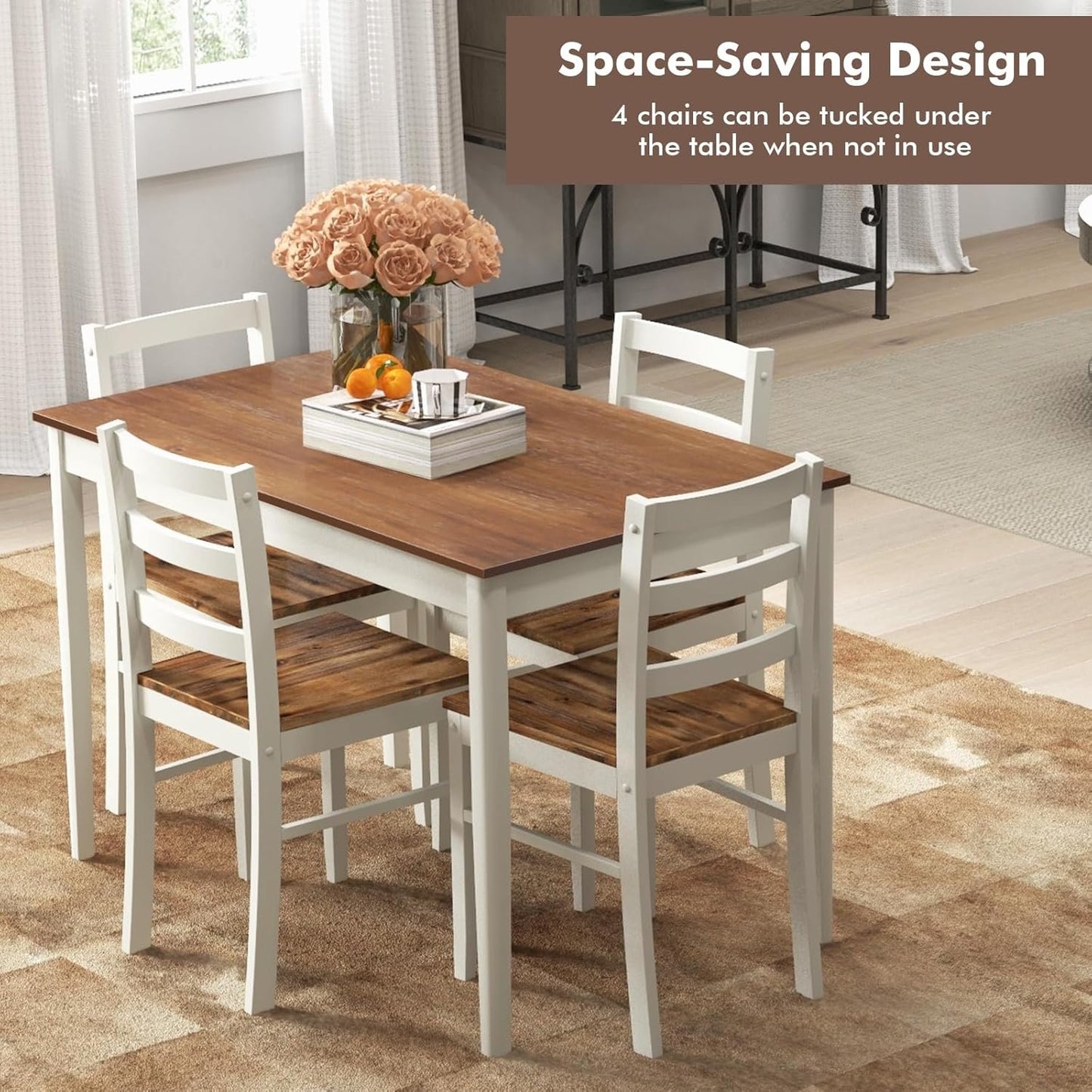 COSTWAY Dining Table Set for 4, Wood Kitchen Table Chairs Set with Rubber Wood Legs, Space-Saving Design, Modern 5-Piece Dinette Set for Small Place, Kitchen, Dining Room, Restaurant (Brown)