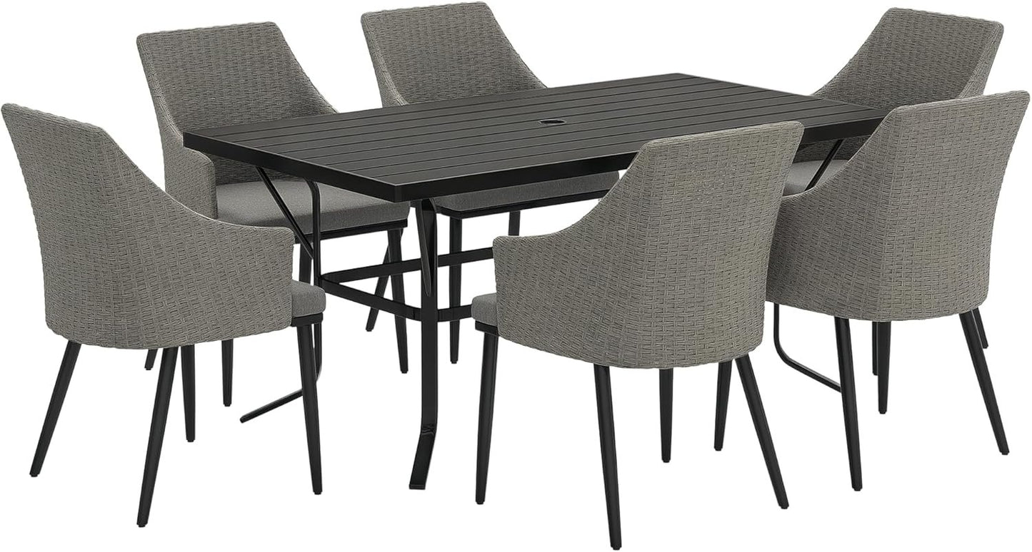 Outsunny 7 Piece Patio Furniture Set, Rattan Patio Table and Chairs with Cushions, Slatted Table Top, Umbrella Hole, Wicker Conversation Sets for Backyard, Porch, Garden, Balcony