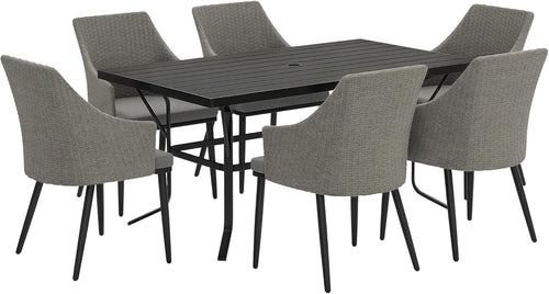 Outsunny 7 Piece Patio Furniture Set, Rattan Patio Table and Chairs with Cushions, Slatted Table Top, Umbrella Hole, Wicker Conversation Sets for Backyard, Porch, Garden, Balcony