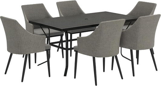 Outsunny 7 Piece Patio Furniture Set, Rattan Patio Table and Chairs with Cushions, Slatted Table Top, Umbrella Hole, Wicker Conversation Sets for Backyard, Porch, Garden, Balcony