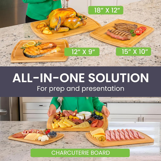 Greener Chef Safest No Glue Organic Bamboo Cutting Board Set of 3 â€“ 62% More Cutting Area - Lifetime Replacements, Family-Friendly Wooden Cutting Boards for Kitchen - Wooden Cutting Board Set