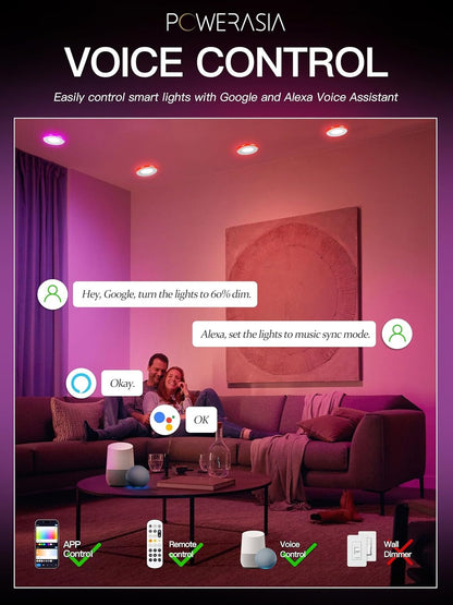 6 Pack Smart LED Recessed Lighting 6 Inch Retrofit with RGB Back Light, 12W 2700K-6000K Color Changing Retrofit Recessed Lights with Remote, Work with Google Assistant/Siri, Hub INCL