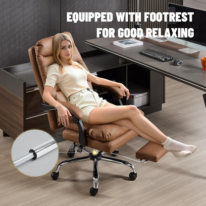 KITHOME High Back Office Chair with Footrest, 110°Reclining Leather Comfy Desk Chair with Lumber Support, Tall and High Executive Swivel Chair for Home Office, Black, White, Brown (Brown)